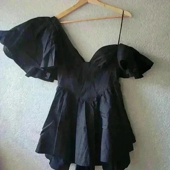 ASOS LUXE one shoulder cotton dress/corset detail & ruffles in black Size 6 - Picture 5 of 5